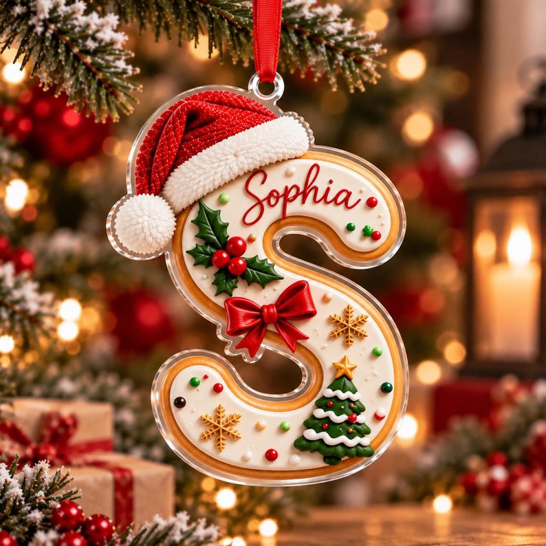 Personalized Gingerbread Kid Christmas Ornament, Custom Name Initial Letter, Kids Holiday Keepsake