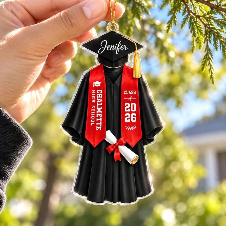Personalized Graduation Christmas Ornament, Custom Name School Name Gown Keepsake, Class Senior Graduate Gift