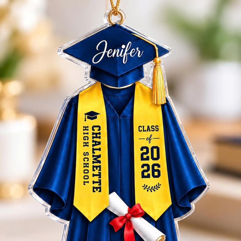 Personalized Graduation Christmas Ornament, Custom Name School Name Gown Keepsake, Class Senior Graduate Gift