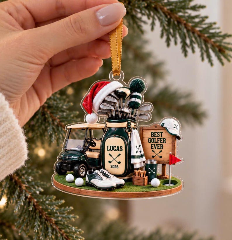 Personalized Golf Bag Ornament, Golfer Acrylic Xmas Tree Decor, Custom Name Golf Lover Christmas Gift