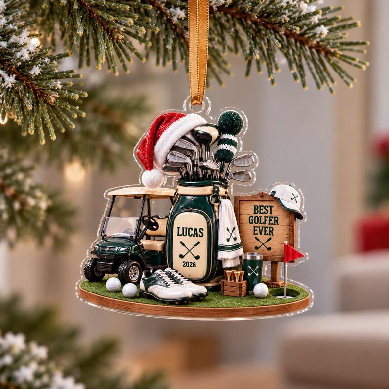 Personalized Golf Bag Ornament, Golfer Acrylic Xmas Tree Decor, Custom Name Golf Lover Christmas Gift