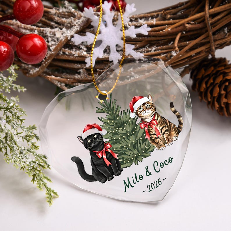 Personalized Cat Christmas Ornament, Custom Cat Couple Glass Ornament with Names, Cat Lover Gift