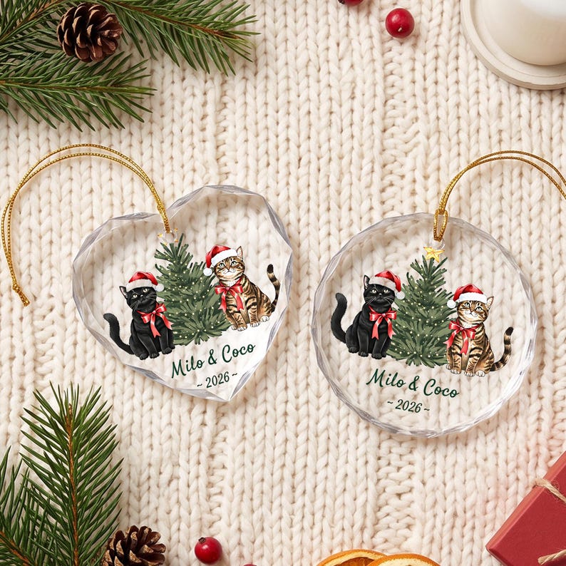 Personalized Cat Christmas Ornament, Custom Cat Couple Glass Ornament with Names, Cat Lover Gift