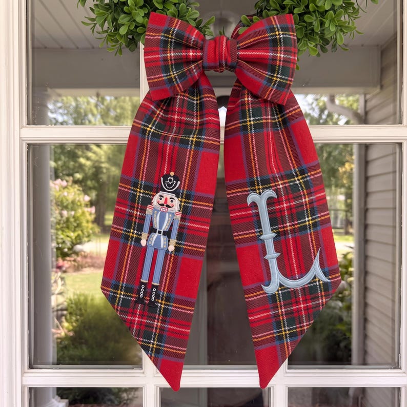 Custom Christmas Wreath Bow, Red Plaid Sash Monogram, Winter Front Door