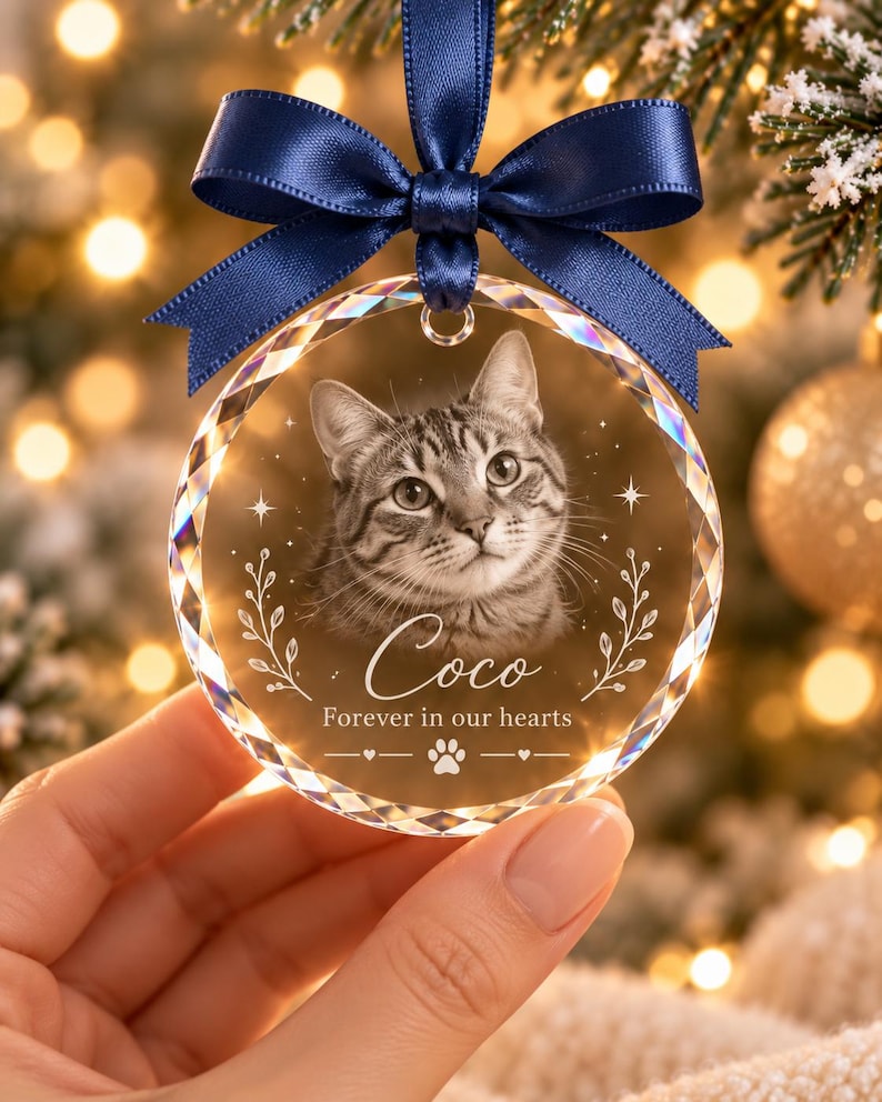Personalised Pet Memorial Crystal Bauble, Dog Cat Photo Christmas Ornament