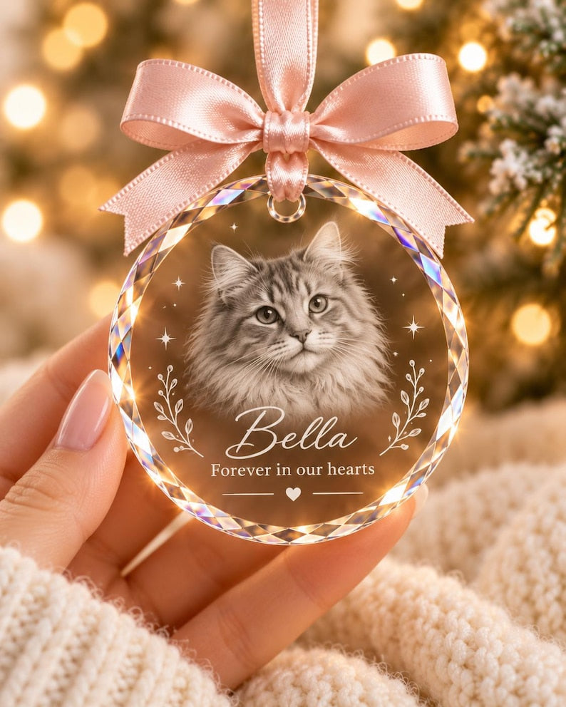 Personalised Pet Memorial Crystal Bauble, Dog Cat Photo Christmas Ornament