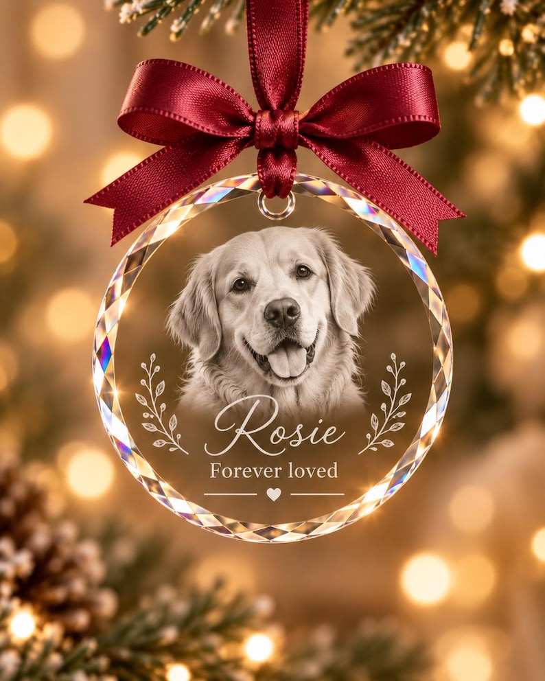 Personalised Pet Memorial Crystal Bauble, Dog Cat Photo Christmas Ornament