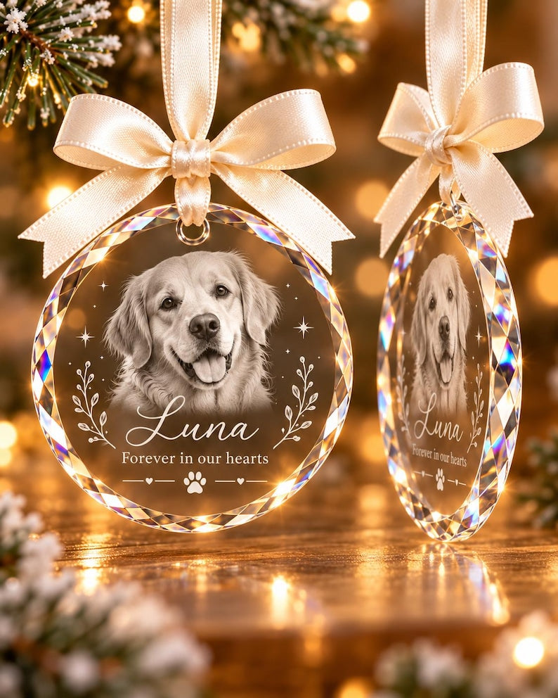 Personalised Pet Memorial Crystal Bauble, Dog Cat Photo Christmas Ornament