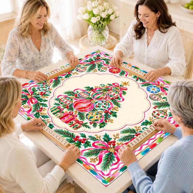 Personalized Christmas Tree Mahjong Mat, Festive Ornament Pink Bow Table Cover, Holiday Table Mat Gift