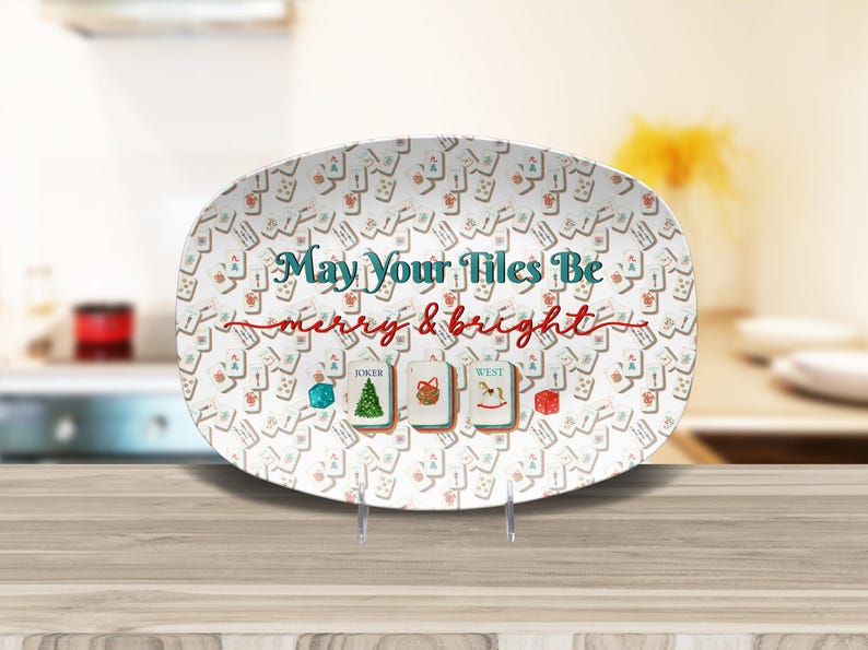 Christmas Mahjong Serving Platter, May Your Tiles Be Merry & Bright Oval Tray, Holiday Game Night Hostess Gift