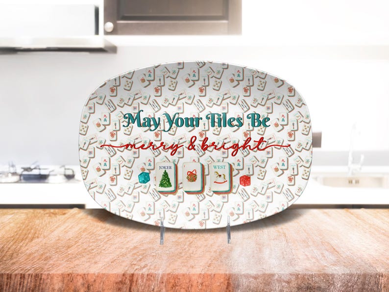 Christmas Mahjong Serving Platter, May Your Tiles Be Merry & Bright Oval Tray, Holiday Game Night Hostess Gift