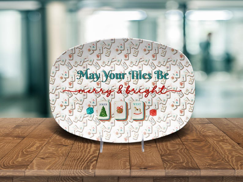 Christmas Mahjong Serving Platter, May Your Tiles Be Merry & Bright Oval Tray, Holiday Game Night Hostess Gift
