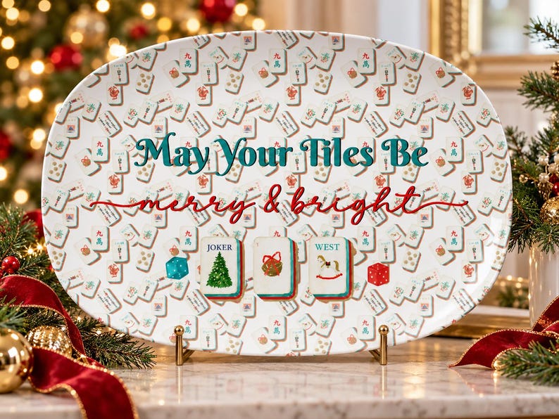 Christmas Mahjong Serving Platter, May Your Tiles Be Merry & Bright Oval Tray, Holiday Game Night Hostess Gift