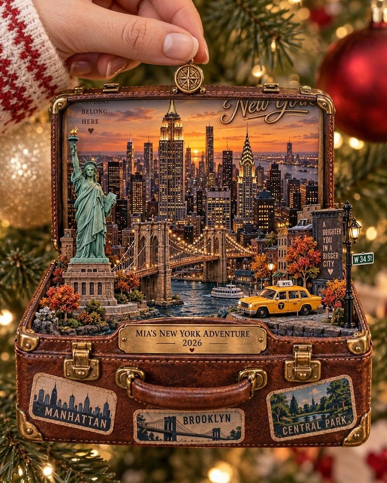 Personalized New York Travel Ornament, Custom Name And Year NYC Suitcase Keepsake, Christmas Gift For Traveler