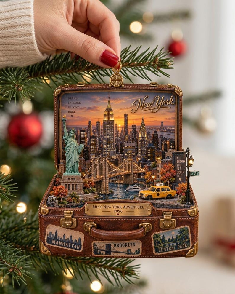 Personalized New York Travel Ornament, Custom Name And Year NYC Suitcase Keepsake, Christmas Gift For Traveler