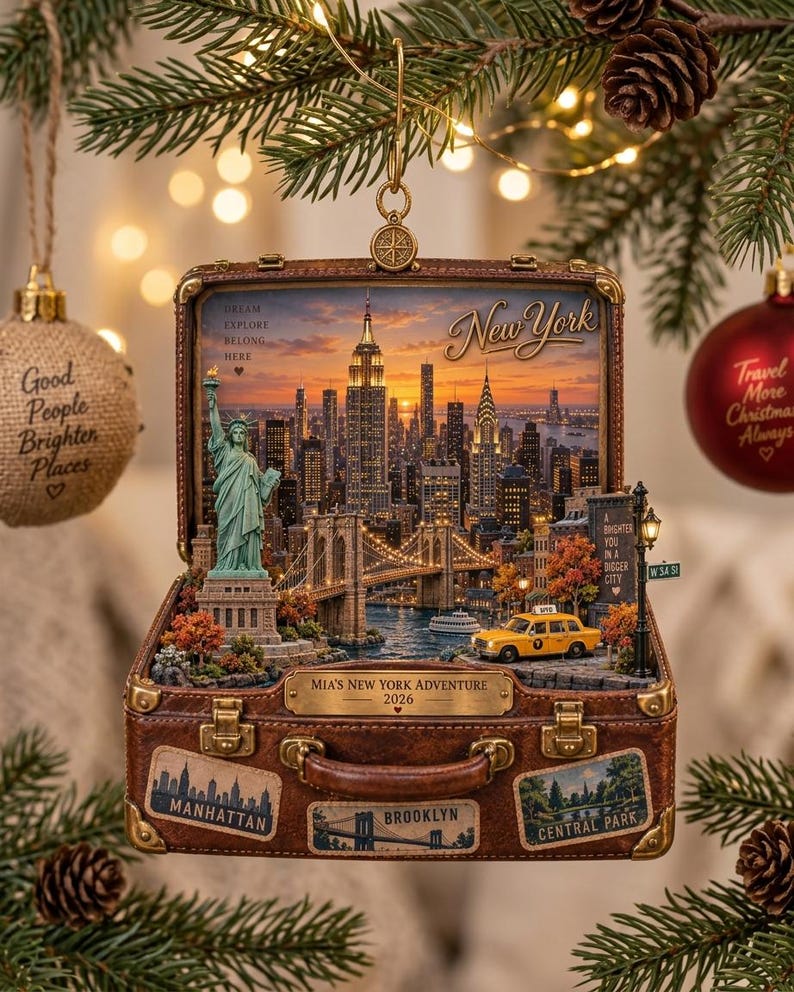 Personalized New York Travel Ornament, Custom Name And Year NYC Suitcase Keepsake, Christmas Gift For Traveler