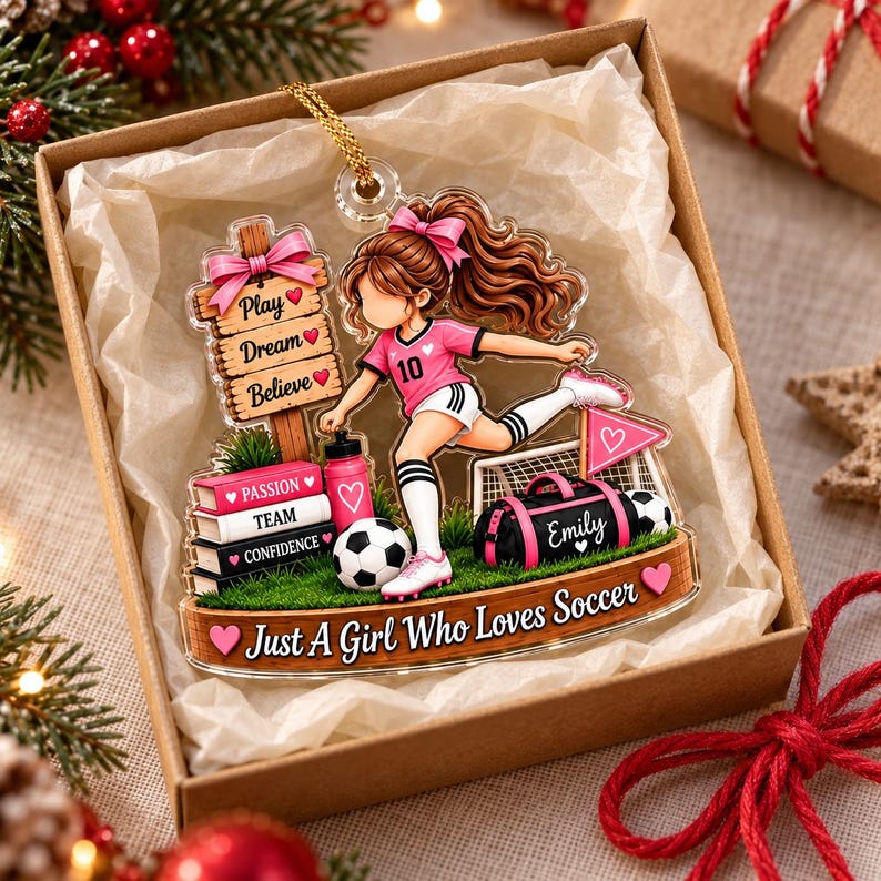 Personalized Soccer Girl Christmas Ornament, Custom Name Just A Girl Who Loves Soccer Acrylic Decor, Soccer Player Keepsake Gift