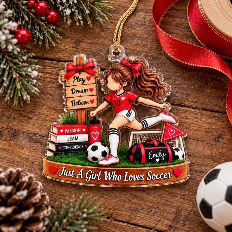 Personalized Soccer Girl Christmas Ornament, Custom Name Just A Girl Who Loves Soccer Acrylic Decor, Soccer Player Keepsake Gift