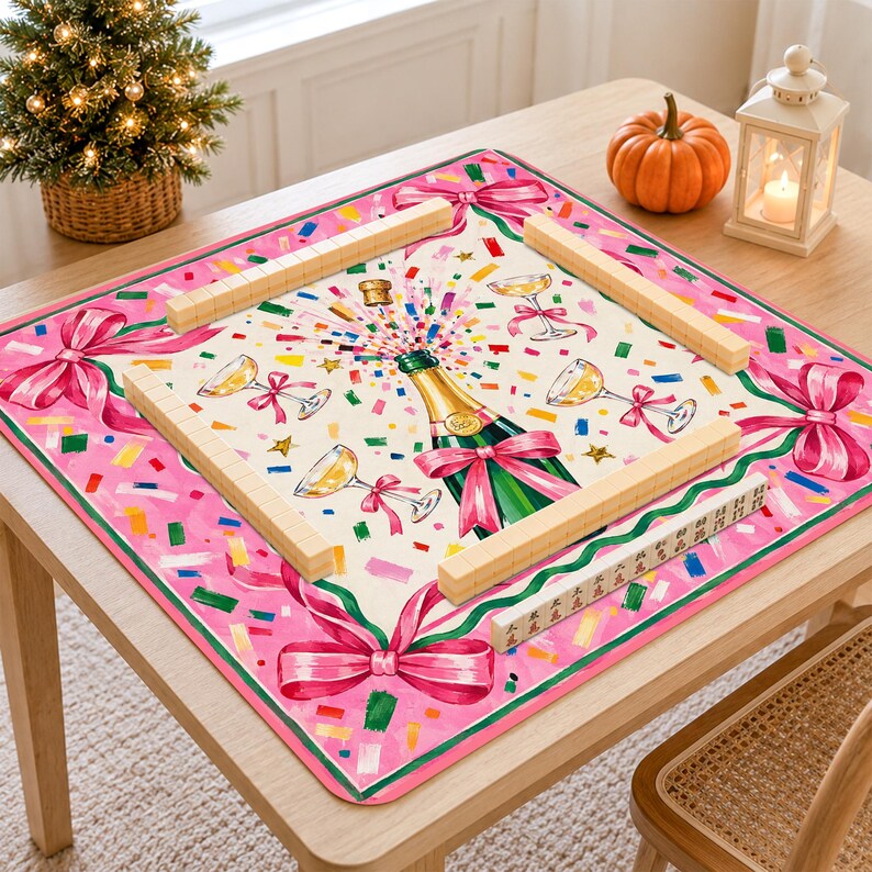 Personalized Coquette Champagne Mahjong Mat, Pink Bow Celebration Christmas Holiday Table Game Mat