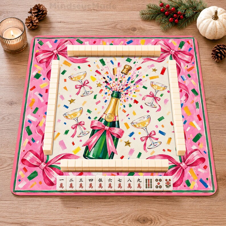 Personalized Coquette Champagne Mahjong Mat, Pink Bow Celebration Christmas Holiday Table Game Mat