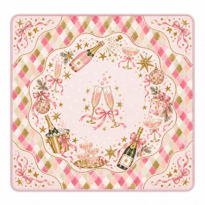 Personalized Pink Champagne Christmas Mahjong Mat, Coquette Bow Cocktail Holiday Game Table Mat