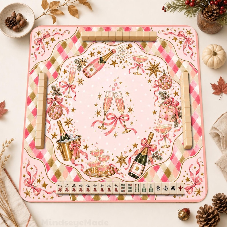 Personalized Pink Champagne Christmas Mahjong Mat, Coquette Bow Cocktail Holiday Game Table Mat