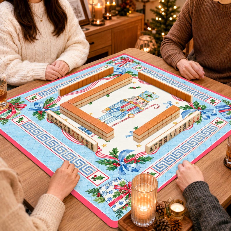 Personalized Nutcracker Blue Bow Mahjong Mat, Holiday Game Table Cover, Christmas Table Mat Gift