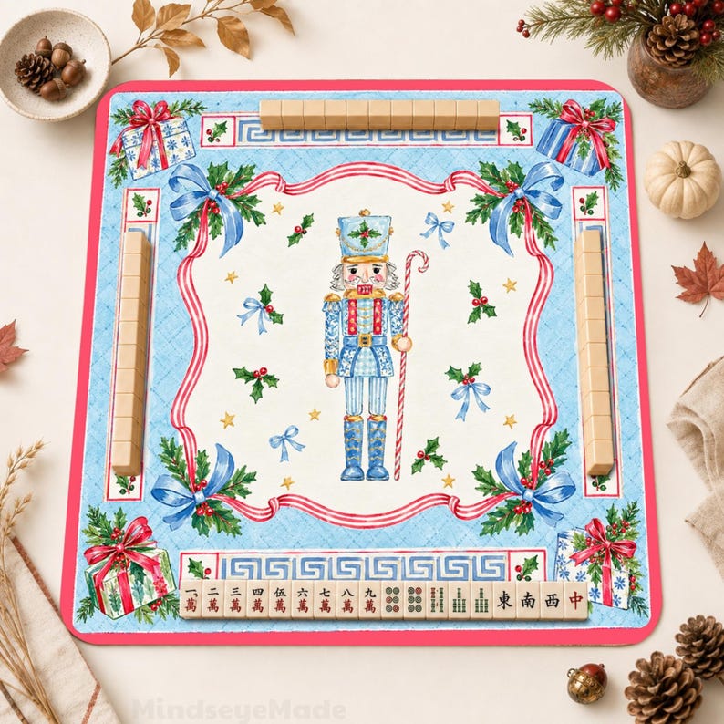 Personalized Nutcracker Blue Bow Mahjong Mat, Holiday Game Table Cover, Christmas Table Mat Gift