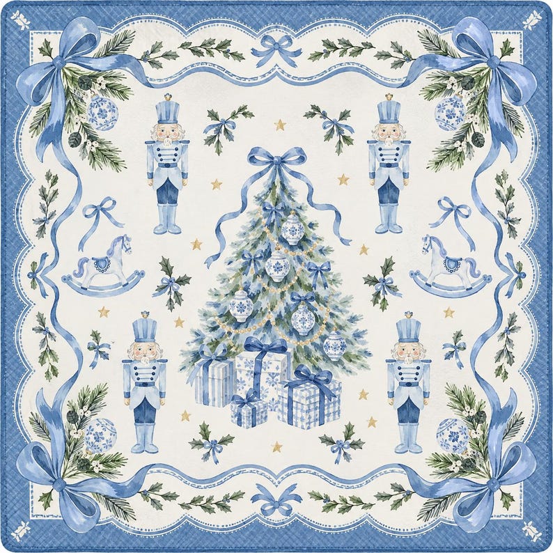 Personalized Christmas Tree Mahjong Mat, Blue Nutcracker Bow Holiday Design