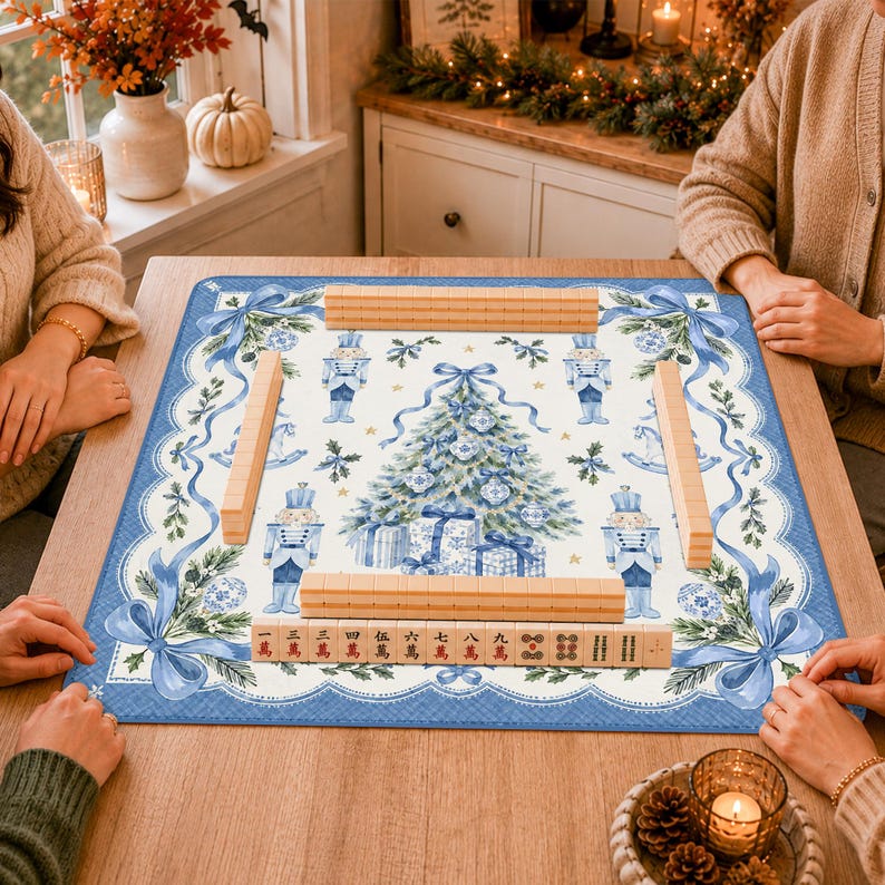 Personalized Christmas Tree Mahjong Mat, Blue Nutcracker Bow Holiday Design