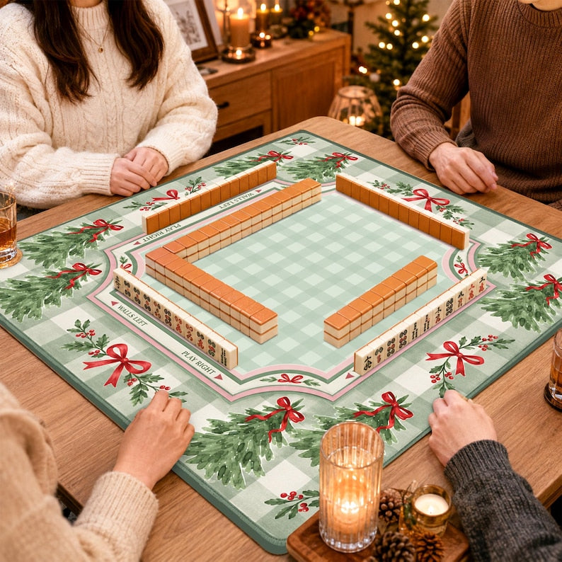 Personalized Christmas Tree Mahjong Mat, Green Gingham Red Bow Non-Slip Table Cover, Holiday Table Mat Gift