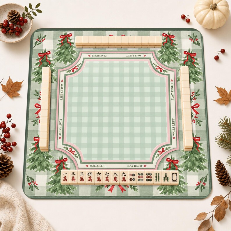 Personalized Christmas Tree Mahjong Mat, Green Gingham Red Bow Non-Slip Table Cover, Holiday Table Mat Gift