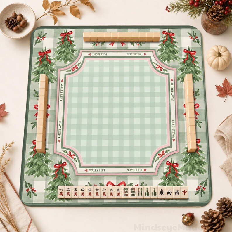 Personalized Christmas Tree Mahjong Mat, Green Gingham Red Bow Non-Slip Table Cover, Holiday Table Mat Gift