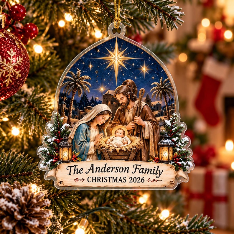 Personalized Nativity Ornament, Custom Family Name Christmas Ornament, Holy Family Christian Gift