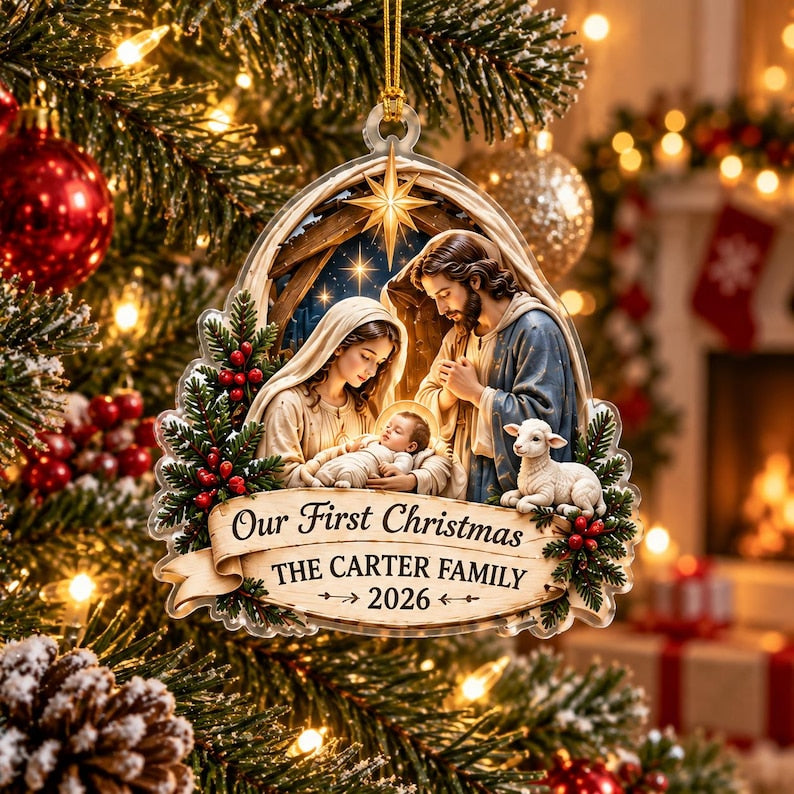 Personalized Nativity Ornament, Custom Family Name Christmas Ornament, Holy Family Christian Gift