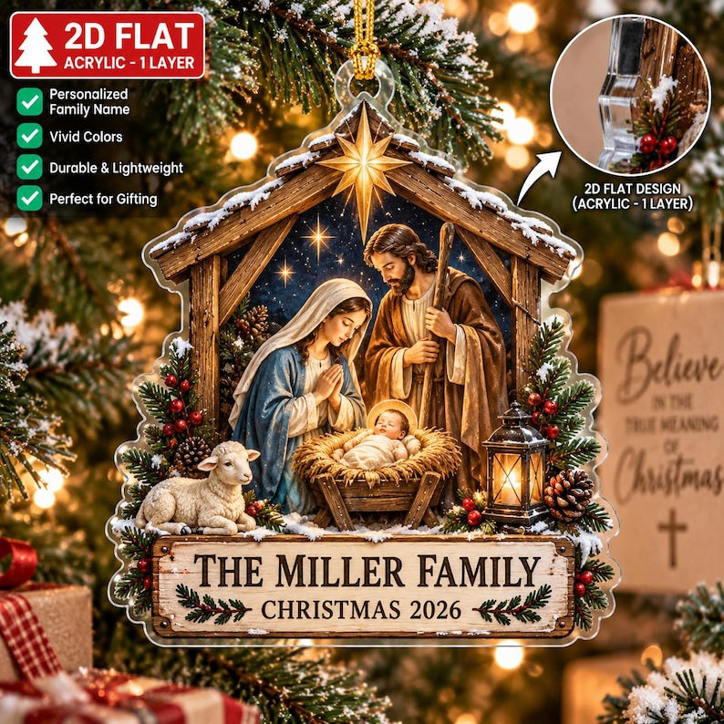 Personalized Nativity Ornament, Custom Family Name Christmas Ornament, Holy Family Christian Gift