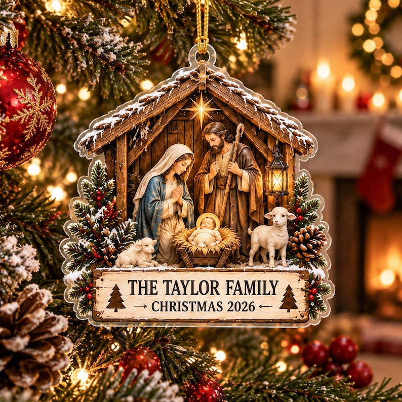 Personalized Nativity Ornament, Custom Family Name Christmas Ornament, Holy Family Christian Gift
