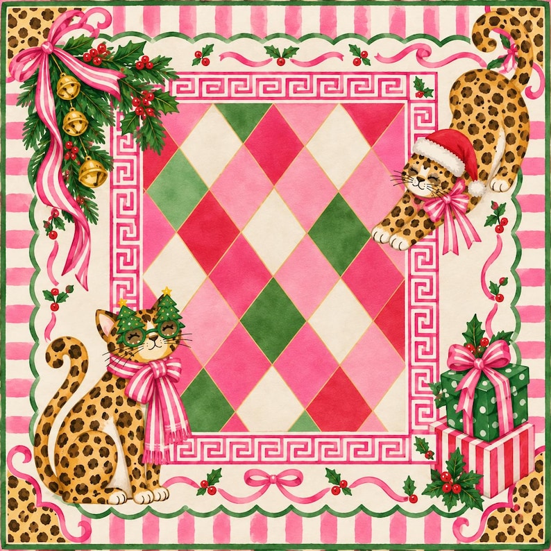 Personalized Leopard Cat Christmas Mahjong Mat, Pink Bow Holiday Table Game Mat