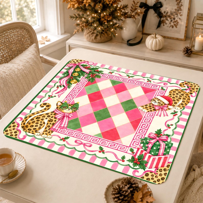 Personalized Leopard Cat Christmas Mahjong Mat, Pink Bow Holiday Table Game Mat