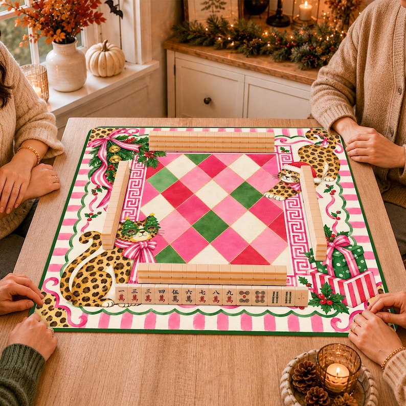 Personalized Leopard Cat Christmas Mahjong Mat, Pink Bow Holiday Table Game Mat