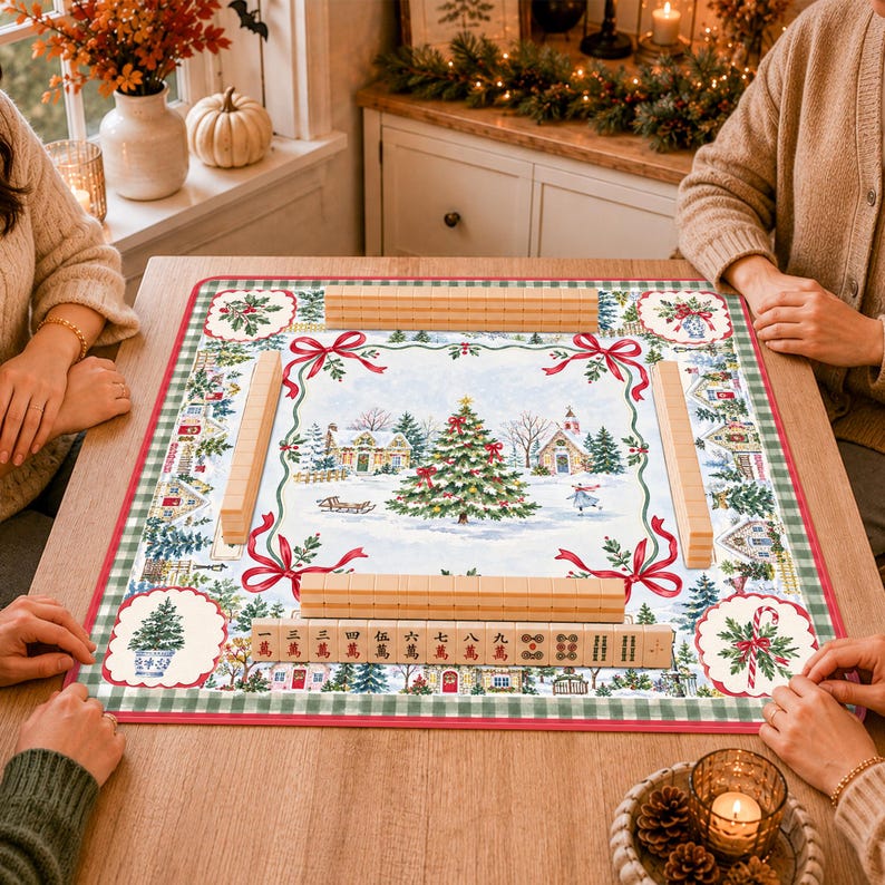 Personalized Christmas Mahjong Mat, Winter Village Tree, Red Bow Holiday Design
