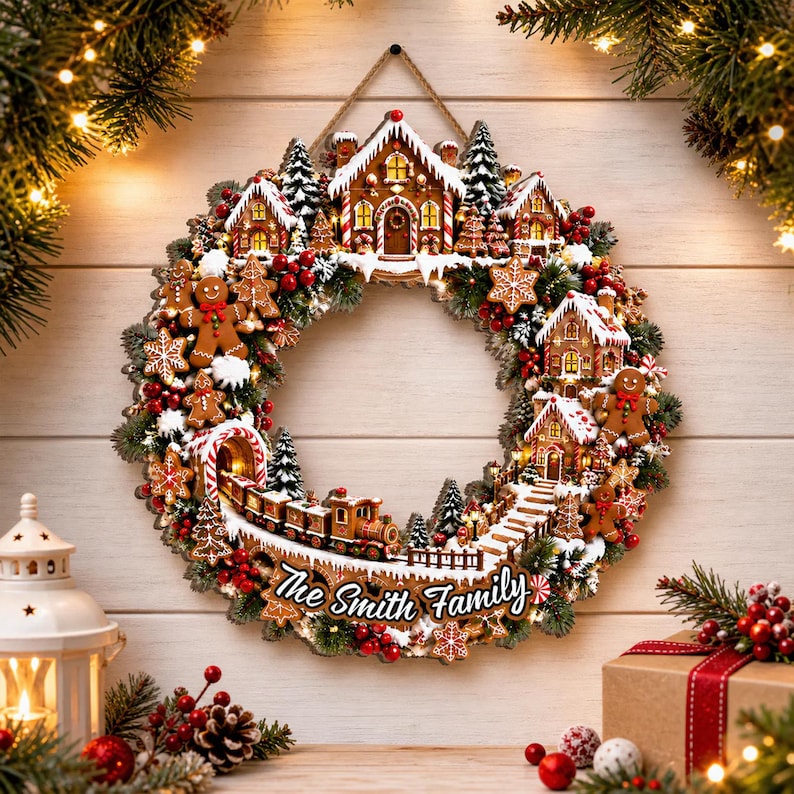 Personalized Gingerbread Christmas Wreath, Candy Cane Holiday Door Wreath, Peppermint Christmas Door Decor