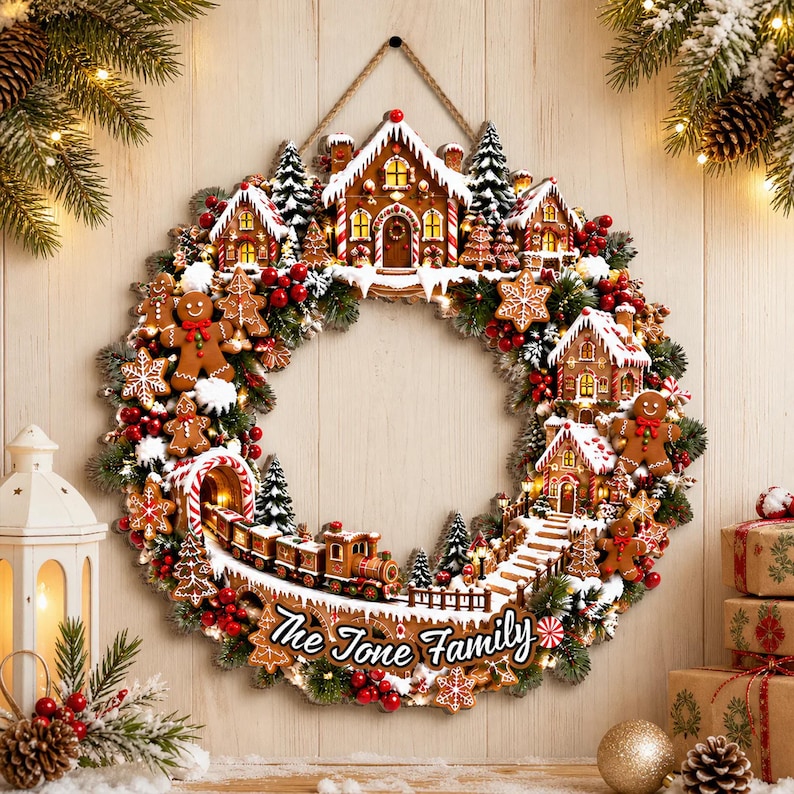 Personalized Gingerbread Christmas Wreath, Candy Cane Holiday Door Wreath, Peppermint Christmas Door Decor