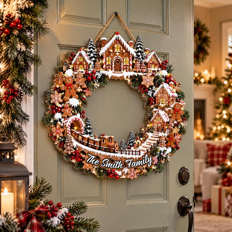 Personalized Gingerbread Christmas Wreath, Candy Cane Holiday Door Wreath, Peppermint Christmas Door Decor