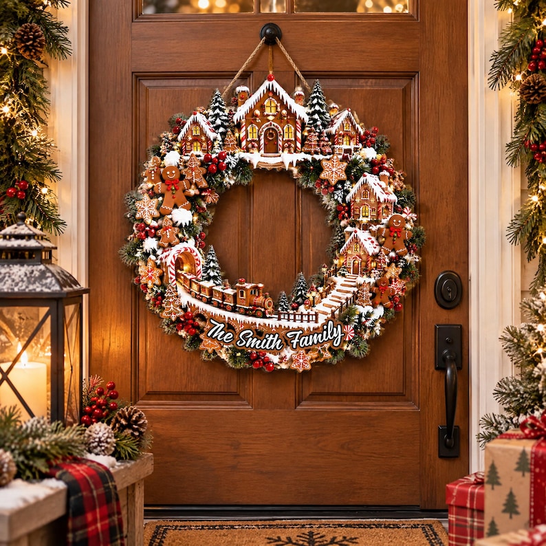 Personalized Gingerbread Christmas Wreath, Candy Cane Holiday Door Wreath, Peppermint Christmas Door Decor