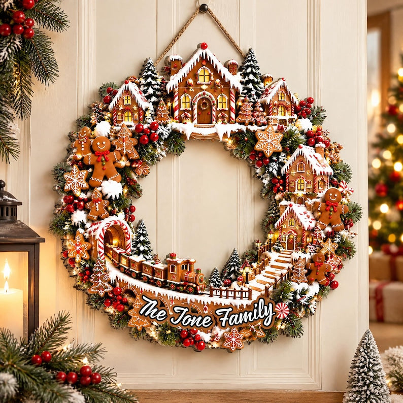 Personalized Gingerbread Christmas Wreath, Candy Cane Holiday Door Wreath, Peppermint Christmas Door Decor