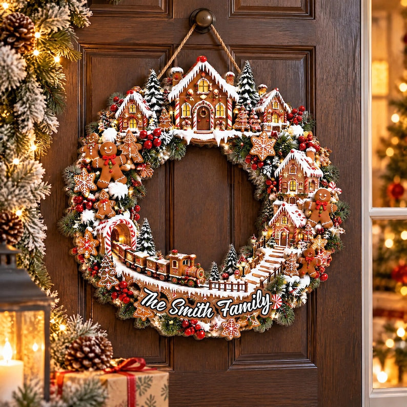 Personalized Gingerbread Christmas Wreath, Candy Cane Holiday Door Wreath, Peppermint Christmas Door Decor
