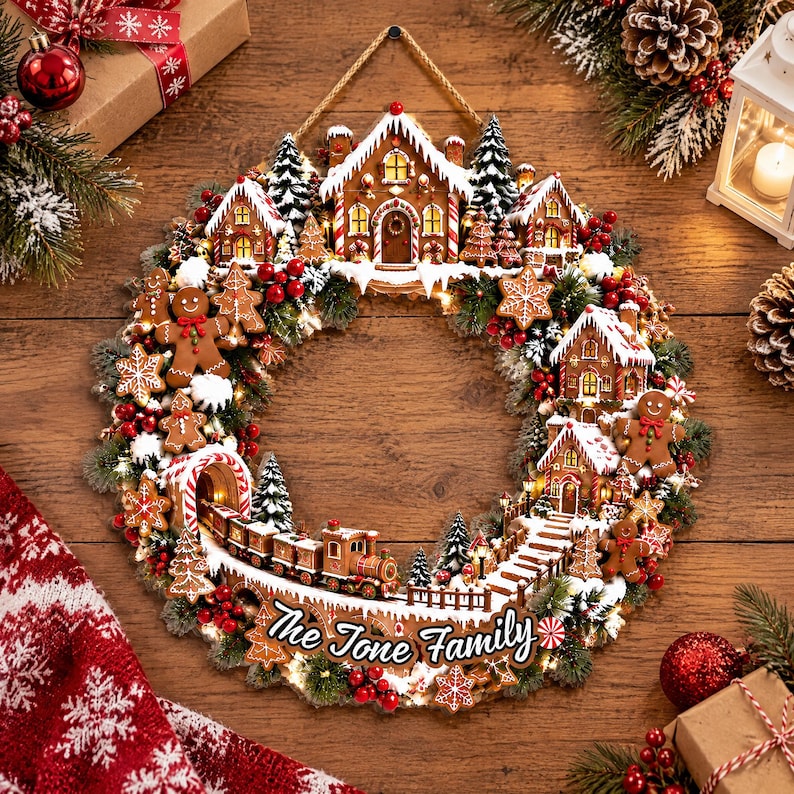 Personalized Gingerbread Christmas Wreath, Candy Cane Holiday Door Wreath, Peppermint Christmas Door Decor