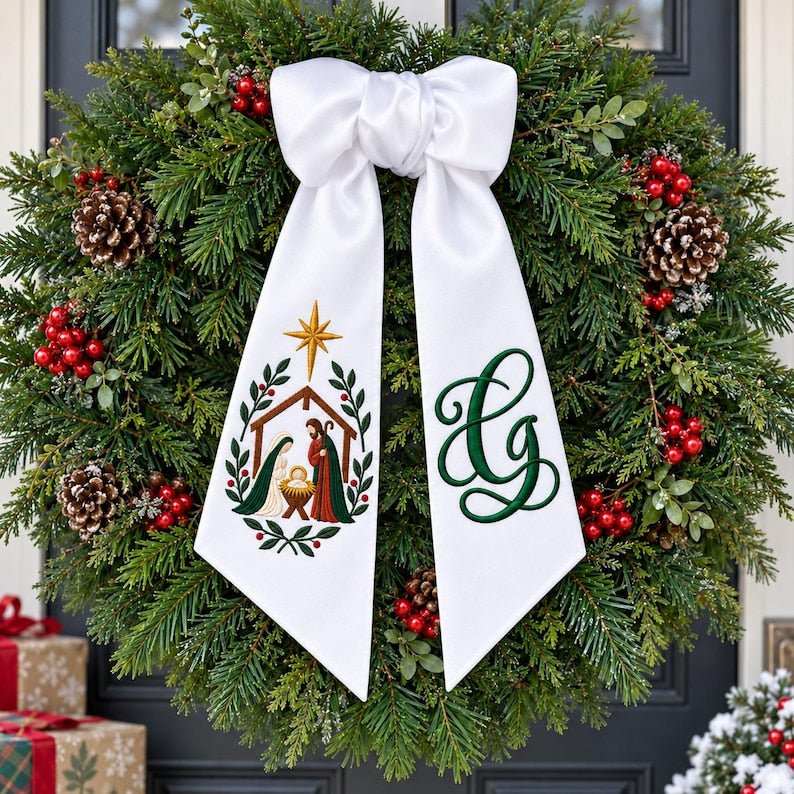 Embroidered Nativity Christmas Wreath Sashes, Personalized Monogram Initial Bow, Holy Family Door Decor