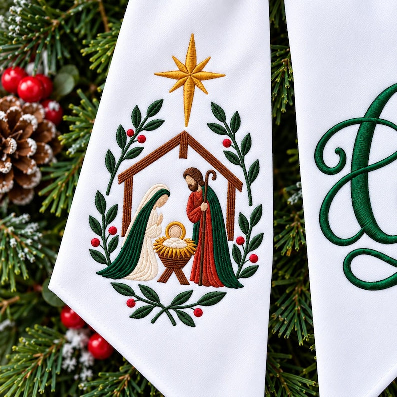 Embroidered Nativity Christmas Wreath Sashes, Personalized Monogram Initial Bow, Holy Family Door Decor